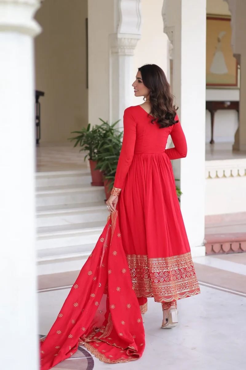 Red Vichitra Silk Designer Gown with Sequin Embroidery Pant and Dupatta back side