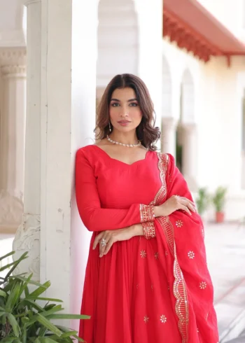 Red Vichitra Silk Designer Gown with Sequin Embroidery Pant and Dupatta close look