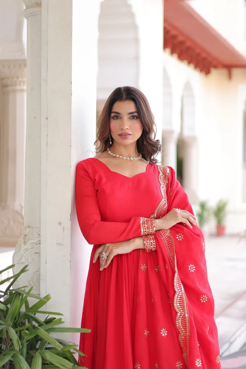 Red Vichitra Silk Designer Gown with Sequin Embroidery Pant and Dupatta close look