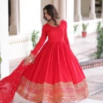 Red Vichitra Silk Designer Gown with Sequin Embroidery Pant and Dupatta flair