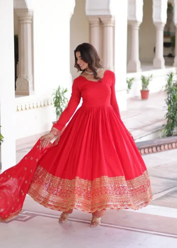 Red Vichitra Silk Designer Gown with Sequin Embroidery Pant and Dupatta flair