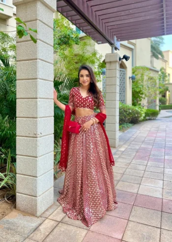 Red Zari Sequin Embroidered Designer Lehenga Choli Set front look