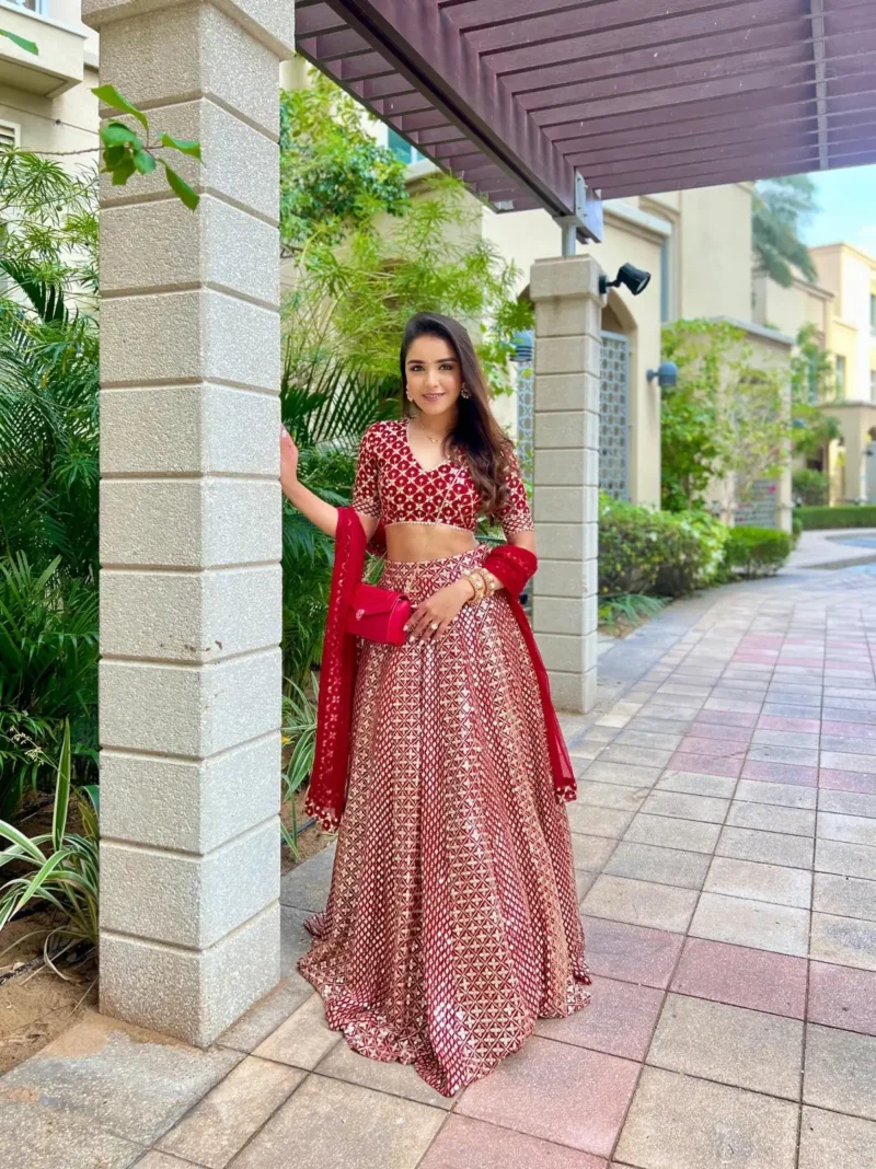 Red Zari Sequin Embroidered Designer Lehenga Choli Set front look