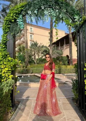 Red Zari Sequin Embroidered Designer Lehenga Choli Set side look