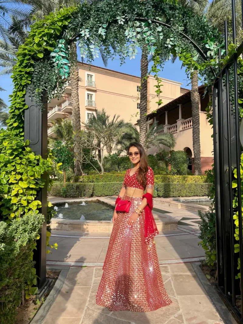 Red Zari Sequin Embroidered Designer Lehenga Choli Set side look