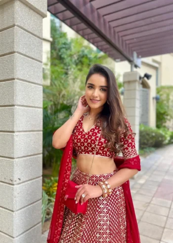 Red Zari Sequin Embroidered Designer Lehenga Choli Set close look