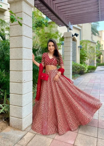 Red Zari Sequin Embroidered Designer Lehenga Choli Set