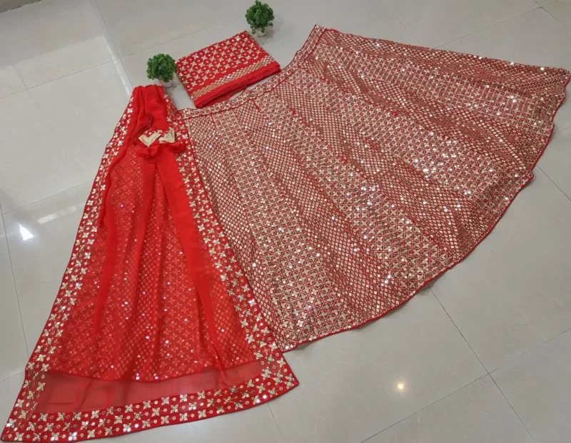 Red Zari Sequin Embroidered Designer Lehenga Choli Set real image