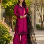 Rich Maroon Premium Crepe Palazzo Suit Set with Sequins Embroidery front look