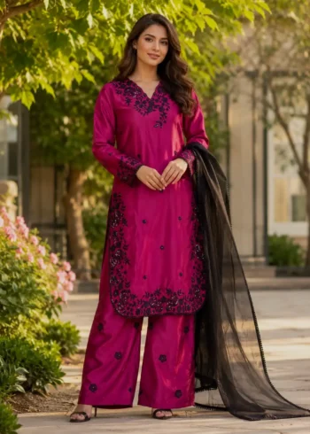 Rich Maroon Premium Crepe Palazzo Suit Set with Sequins Embroidery front look
