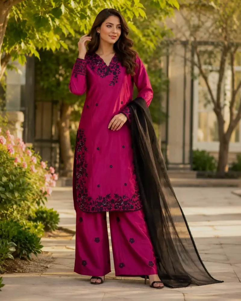 Rich Maroon Premium Crepe Palazzo Suit Set with Sequins Embroidery