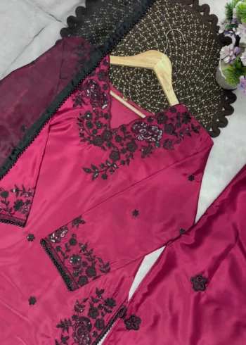 Rich Maroon Premium Crepe Palazzo Suit Set with Sequins Embroidery close live image