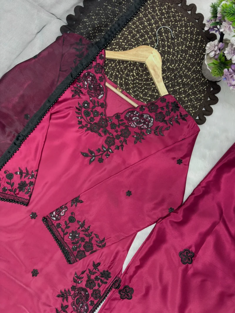 Rich Maroon Premium Crepe Palazzo Suit Set with Sequins Embroidery close live image