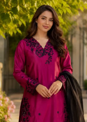Rich Maroon Premium Crepe Palazzo Suit Set with Sequins Embroidery close look