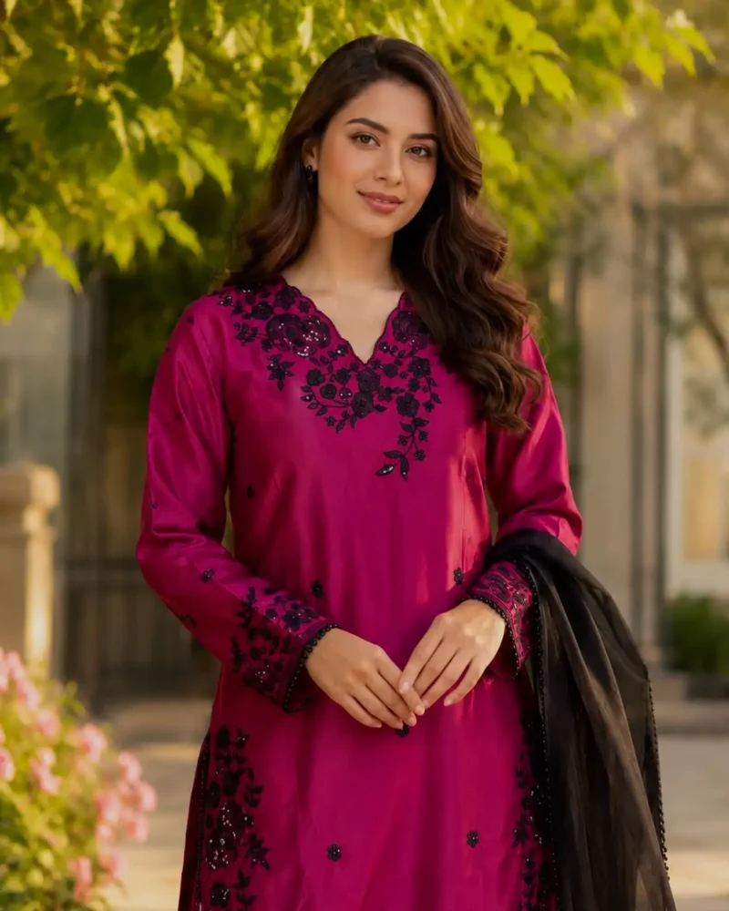Rich Maroon Premium Crepe Palazzo Suit Set with Sequins Embroidery close look
