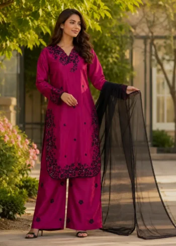 Rich Maroon Premium Crepe Palazzo Suit Set with Sequins Embroidery dupatta look