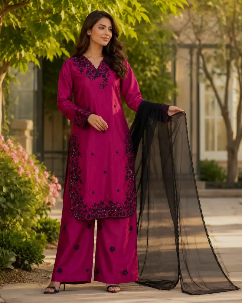 Rich Maroon Premium Crepe Palazzo Suit Set with Sequins Embroidery dupatta look