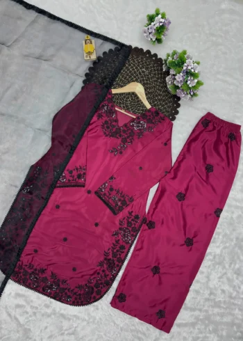 Rich Maroon Premium Crepe Palazzo Suit Set with Sequins Embroidery live