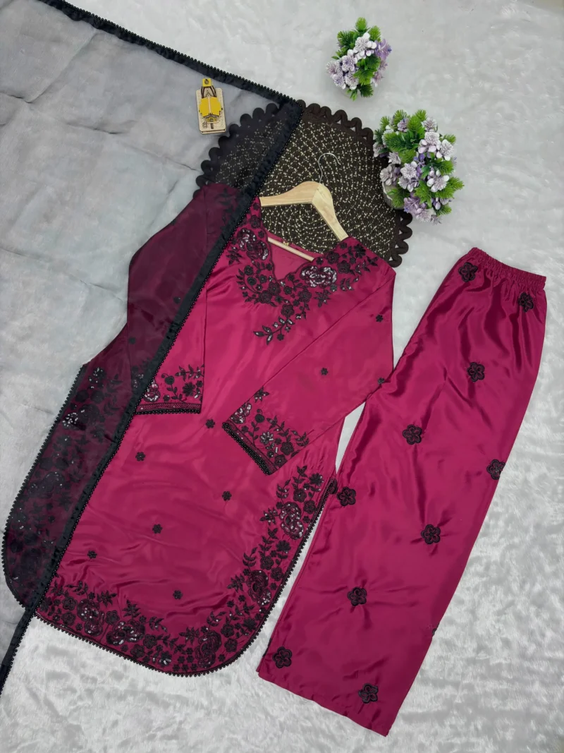 Rich Maroon Premium Crepe Palazzo Suit Set with Sequins Embroidery live