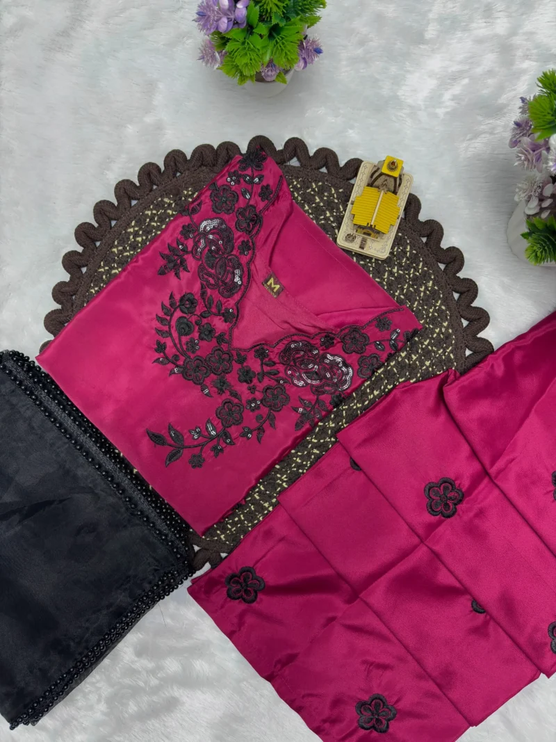 Rich Maroon Premium Crepe Palazzo Suit Set with Sequins Embroidery folded