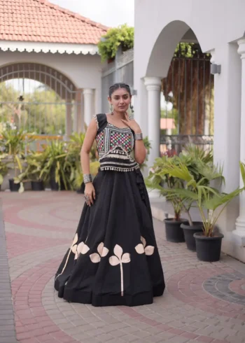 Black Colour Roman Silk Pan-Patti Gota Designer Navratri Lehenga