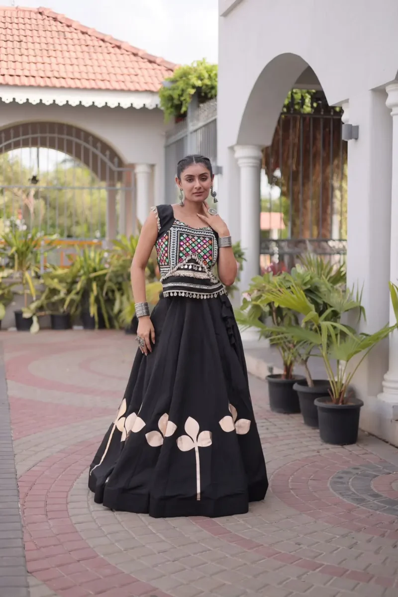 Black Colour Roman Silk Pan-Patti Gota Designer Navratri Lehenga