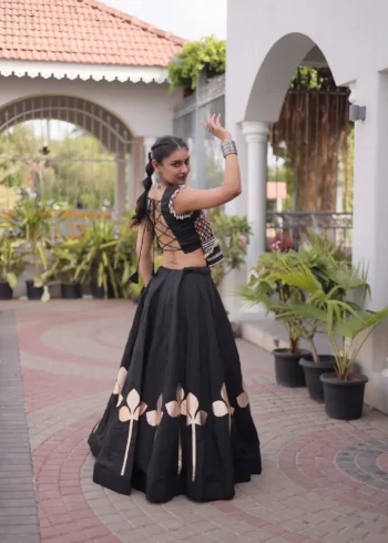 Black Colour Roman Silk Pan-Patti Gota Designer Navratri Lehenga back design
