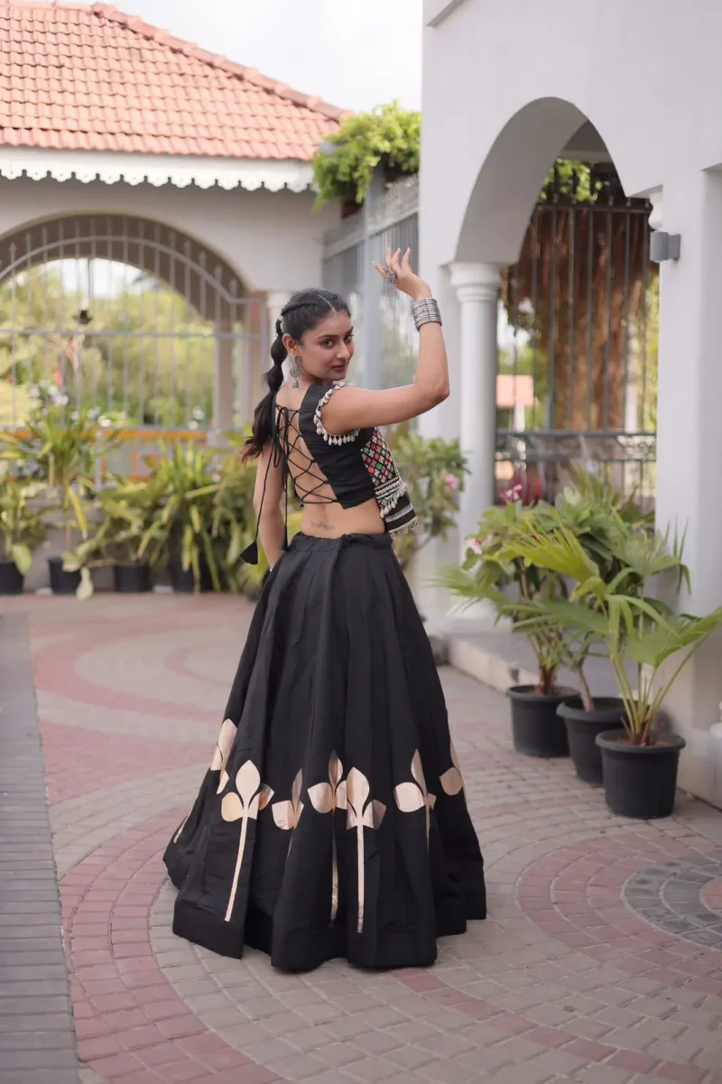 Black Colour Roman Silk Pan-Patti Gota Designer Navratri Lehenga back design