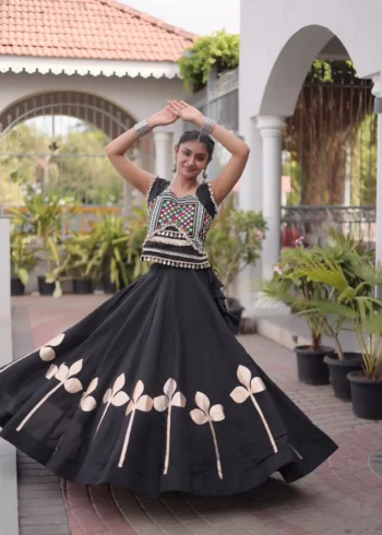 Black Colour Roman Silk Pan-Patti Gota Designer Navratri Lehenga flair look