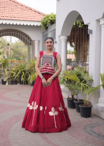 Maroon Colour Roman Silk Pan-Patti Gota Designer Navratri Lehenga