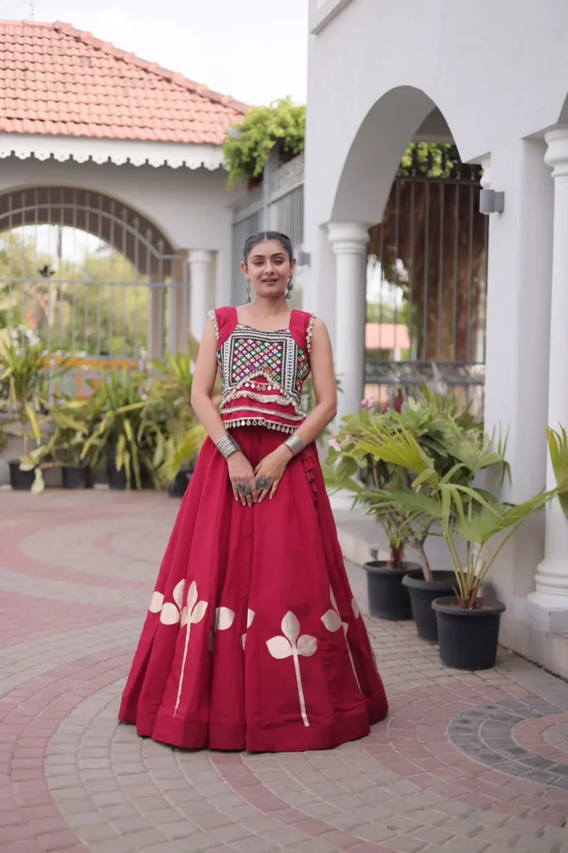 Maroon Colour Roman Silk Pan-Patti Gota Designer Navratri Lehenga