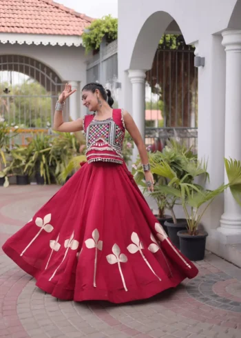 Maroon Colour Roman Silk Pan-Patti Gota Designer Navratri Lehenga flair look