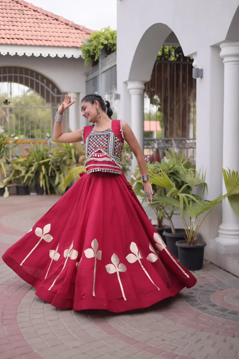 Maroon Colour Roman Silk Pan-Patti Gota Designer Navratri Lehenga flair look
