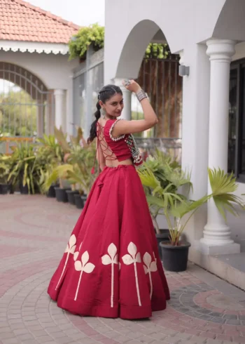 Maroon Colour Roman Silk Pan-Patti Gota Designer Navratri Lehenga back side look