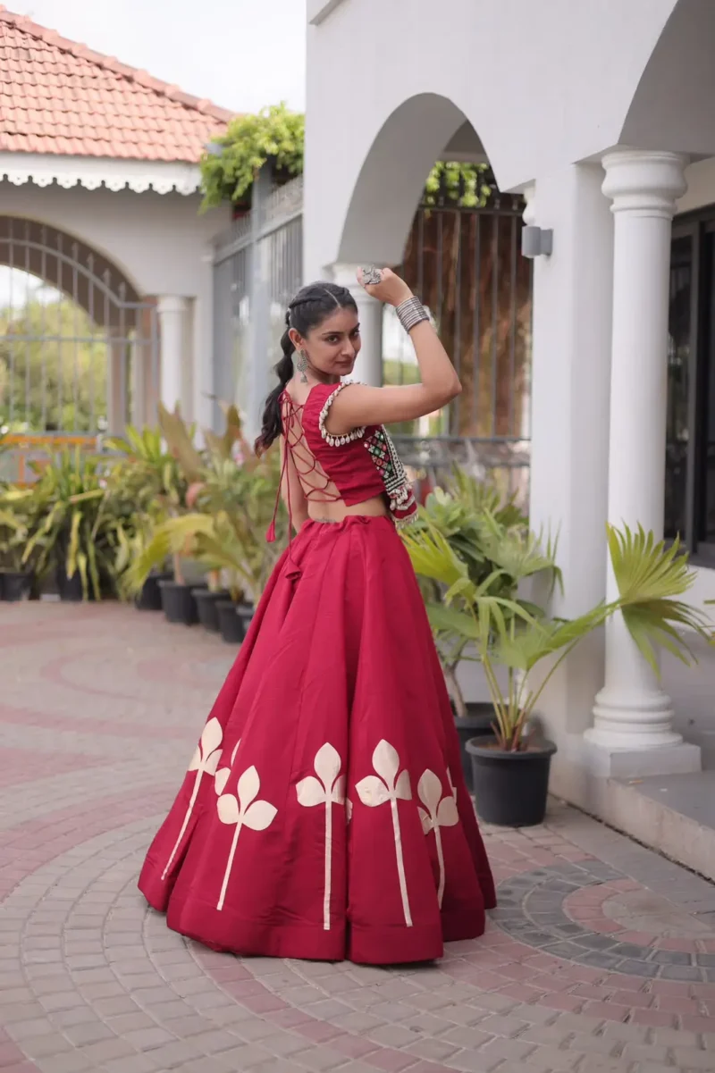 Maroon Colour Roman Silk Pan-Patti Gota Designer Navratri Lehenga back side look