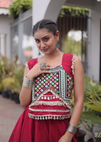 Maroon Colour Roman Silk Pan-Patti Gota Designer Navratri Lehenga close look