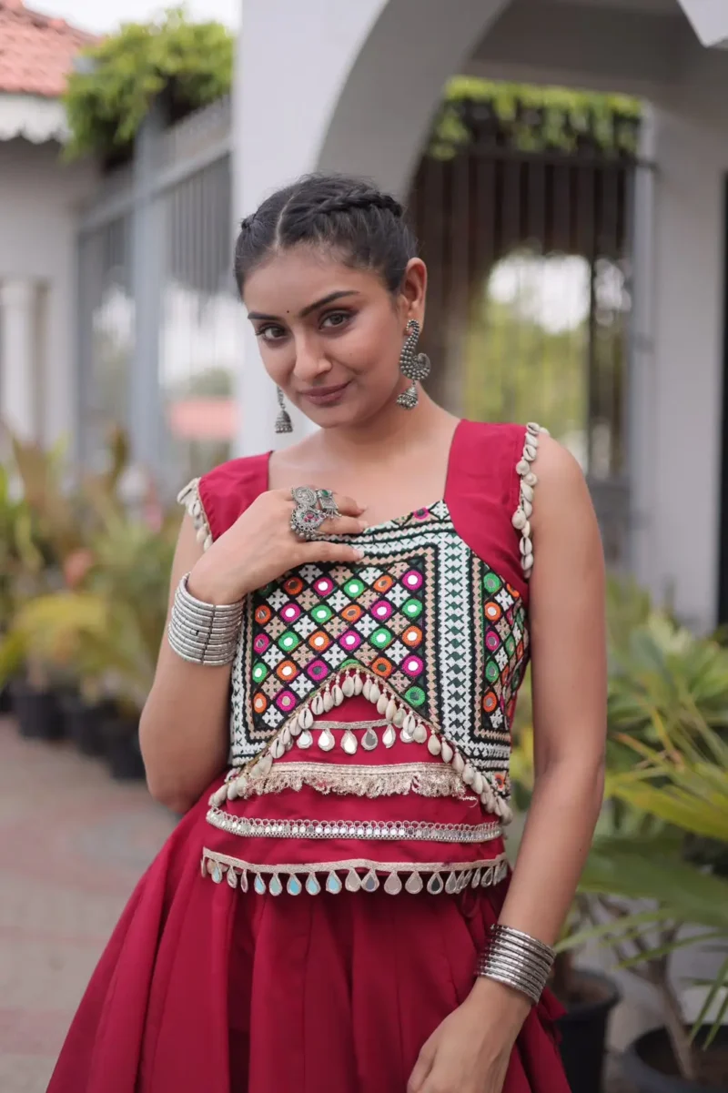 Maroon Colour Roman Silk Pan-Patti Gota Designer Navratri Lehenga close look