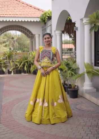 Parrot Colour Roman Silk Pan-Patti Gota Designer Navratri Lehenga