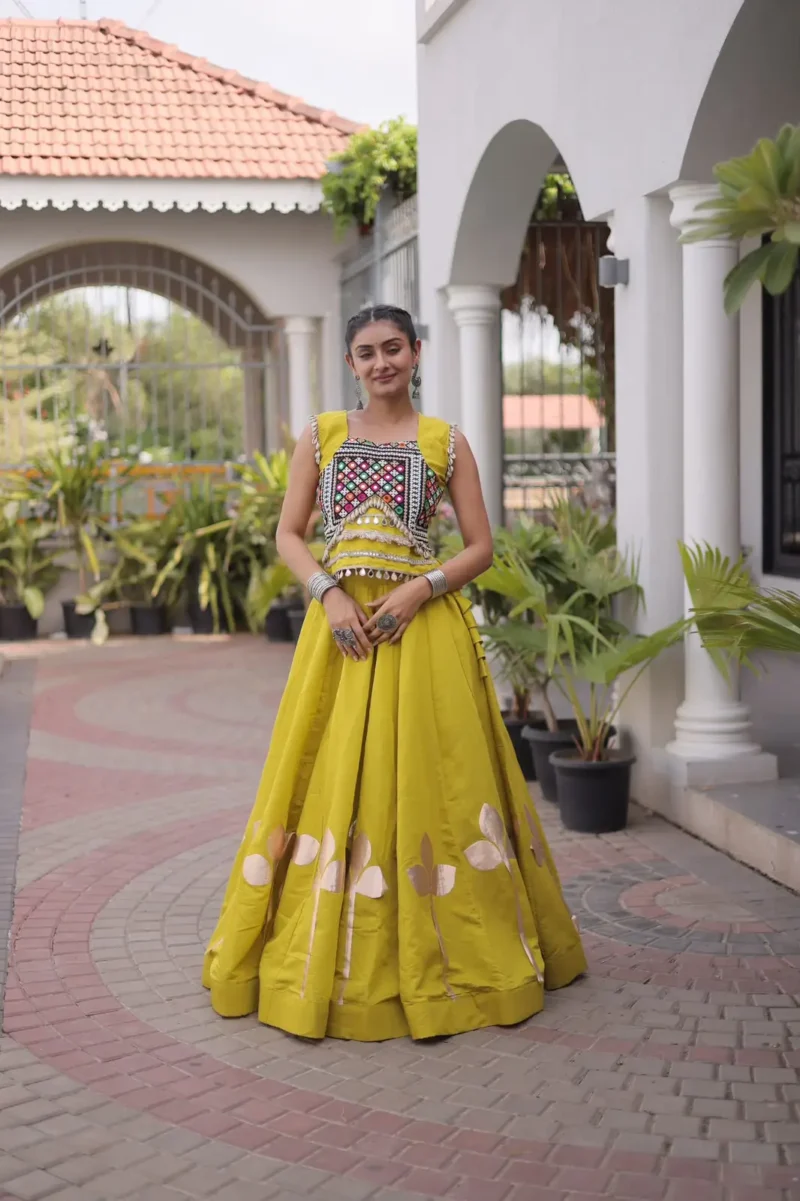 Parrot Colour Roman Silk Pan-Patti Gota Designer Navratri Lehenga