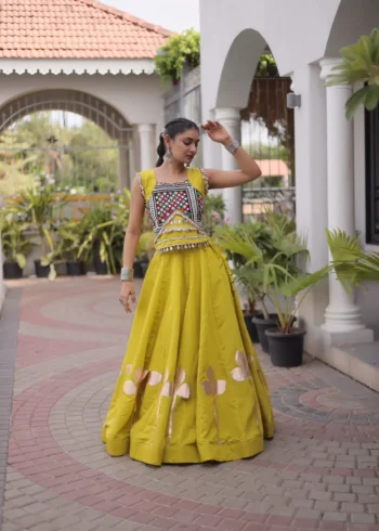 Parrot Colour Roman Silk Pan-Patti Gota Designer Navratri Lehenga flair look