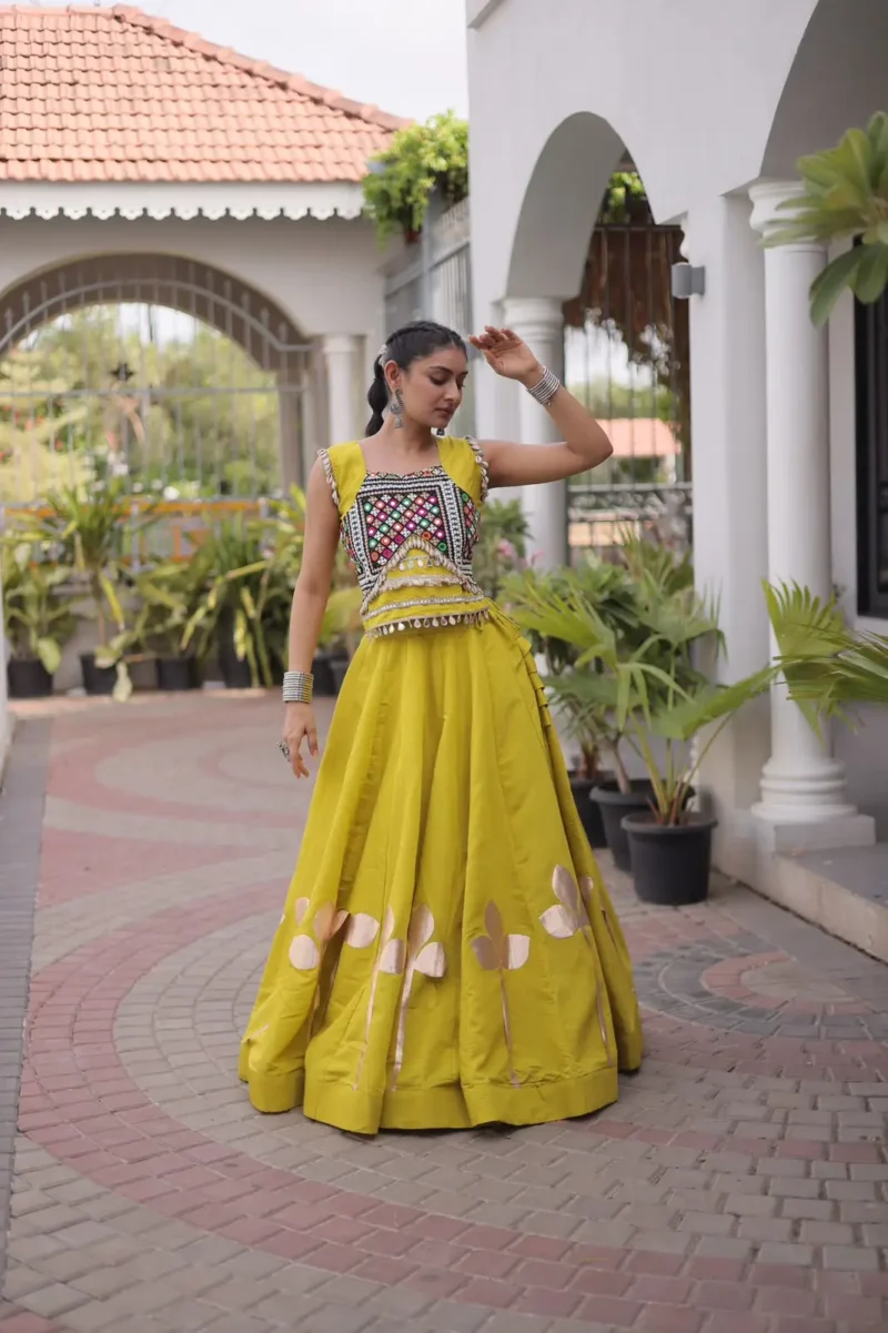 Parrot Colour Roman Silk Pan-Patti Gota Designer Navratri Lehenga flair look