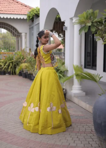 Parrot Colour Roman Silk Pan-Patti Gota Designer Navratri Lehenga back side look
