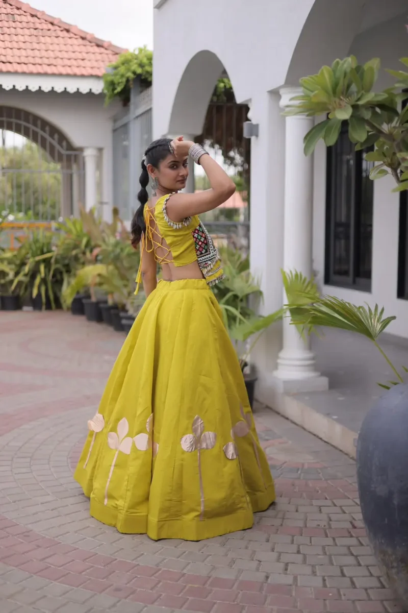 Parrot Colour Roman Silk Pan-Patti Gota Designer Navratri Lehenga back side look
