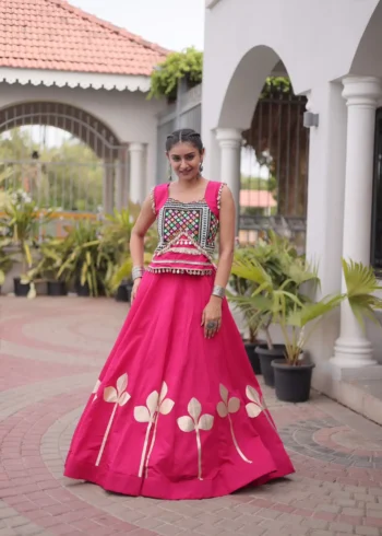 Pink Colour Roman Silk Pan-Patti Gota Designer Navratri Lehenga