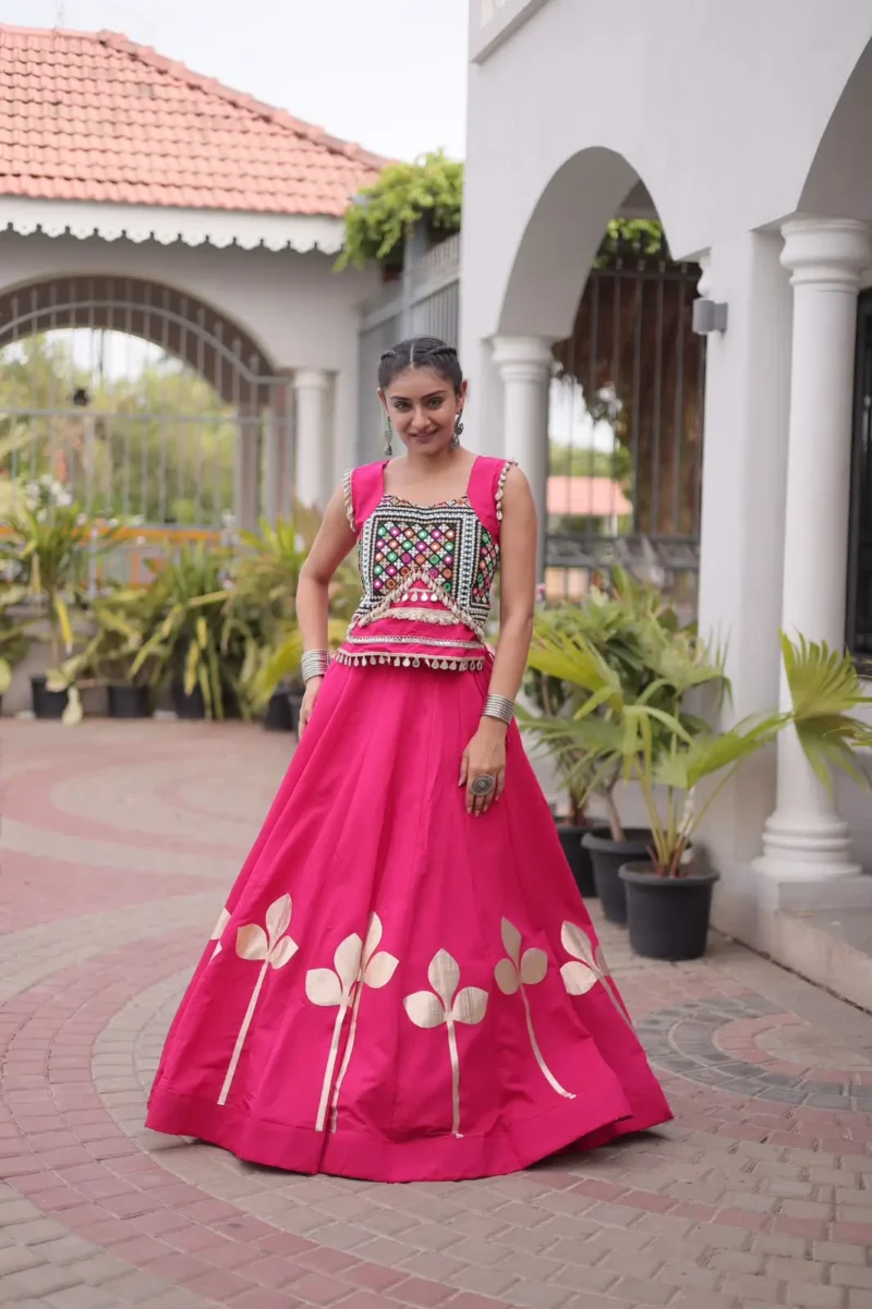 Pink Colour Roman Silk Pan-Patti Gota Designer Navratri Lehenga