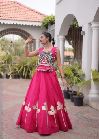Pink Colour Roman Silk Pan-Patti Gota Designer Navratri Lehenga flair look