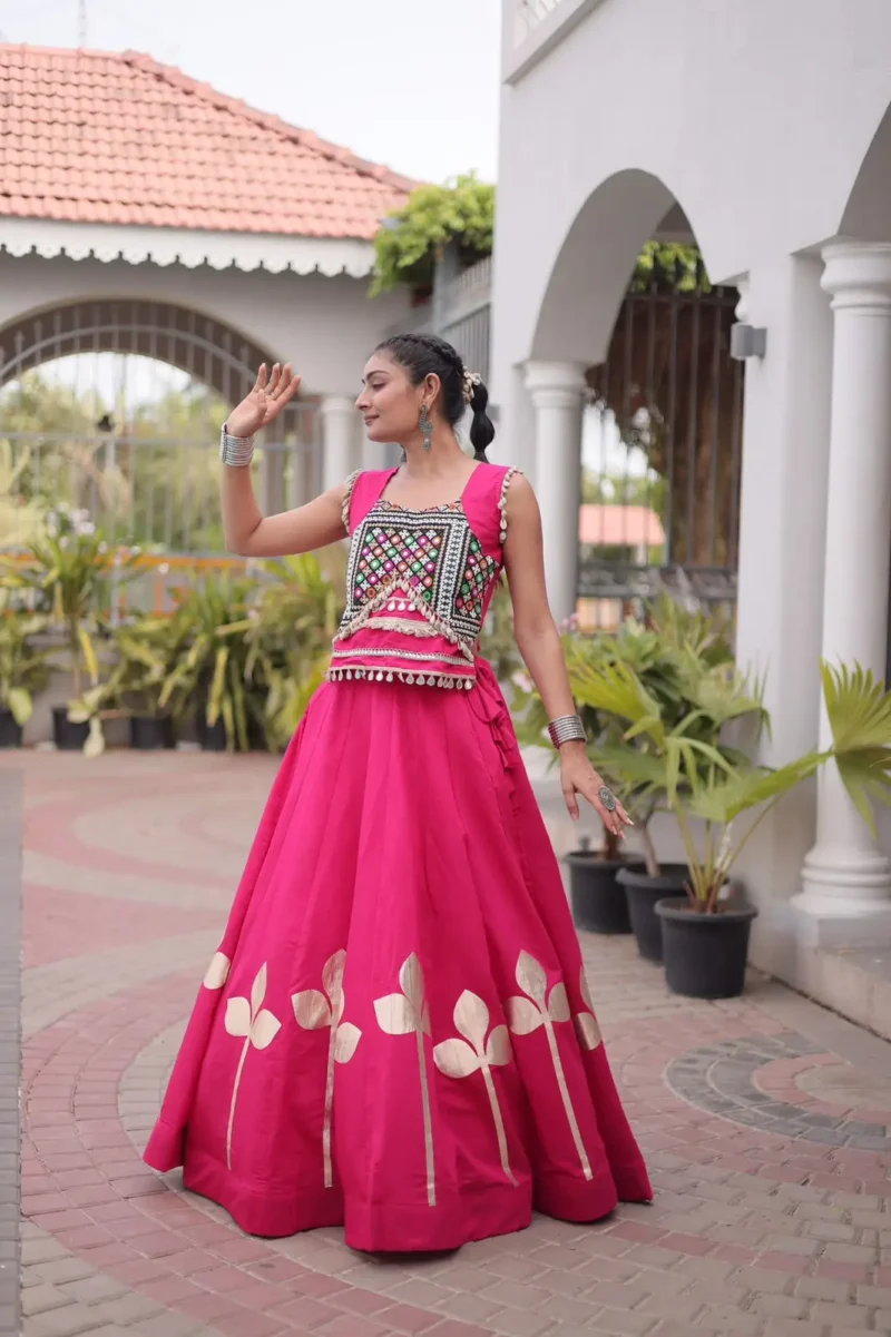 Pink Colour Roman Silk Pan-Patti Gota Designer Navratri Lehenga flair look