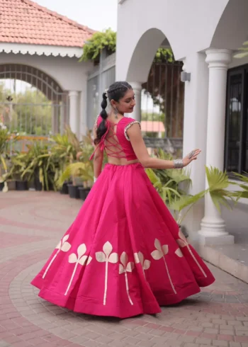 Pink Colour Roman Silk Pan-Patti Gota Designer Navratri Lehenga back side look