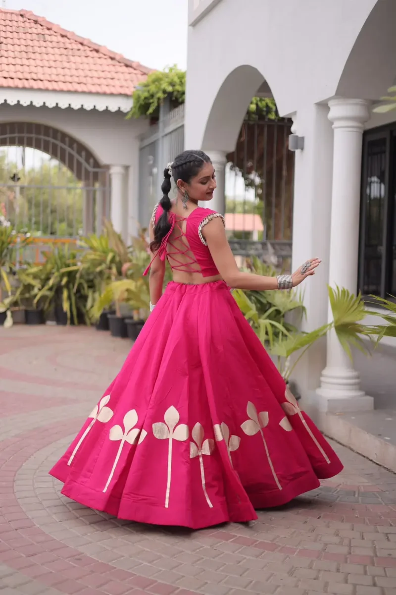 Pink Colour Roman Silk Pan-Patti Gota Designer Navratri Lehenga back side look