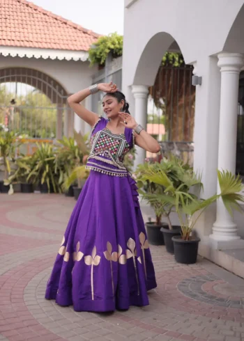 Purple Colour Roman Silk Pan-Patti Gota Designer Navratri Lehenga